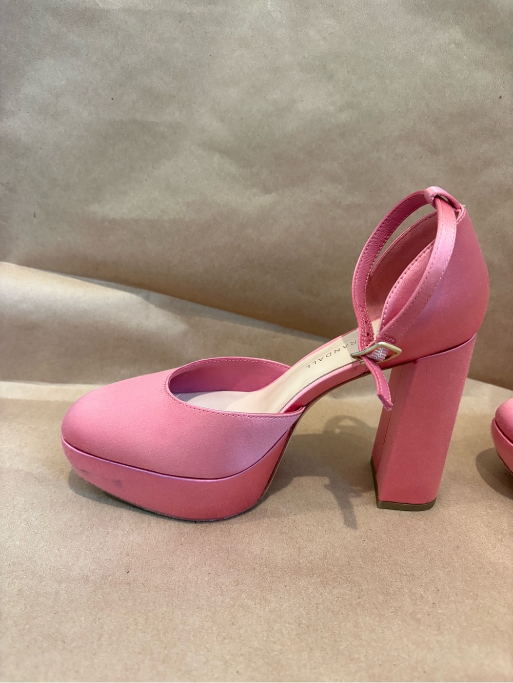 Loeffler Randall Selina Closed Toe Pink Satin Ankle-Strap Block Heels - Picture 4 of 10